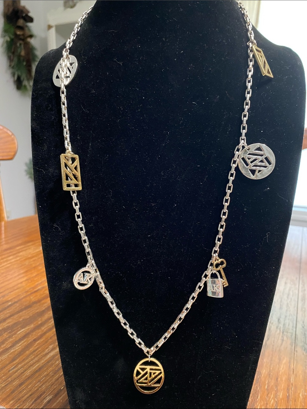 Anne Klein Two-Tone Gold and Silver Logo Charm Necklace & Earrings